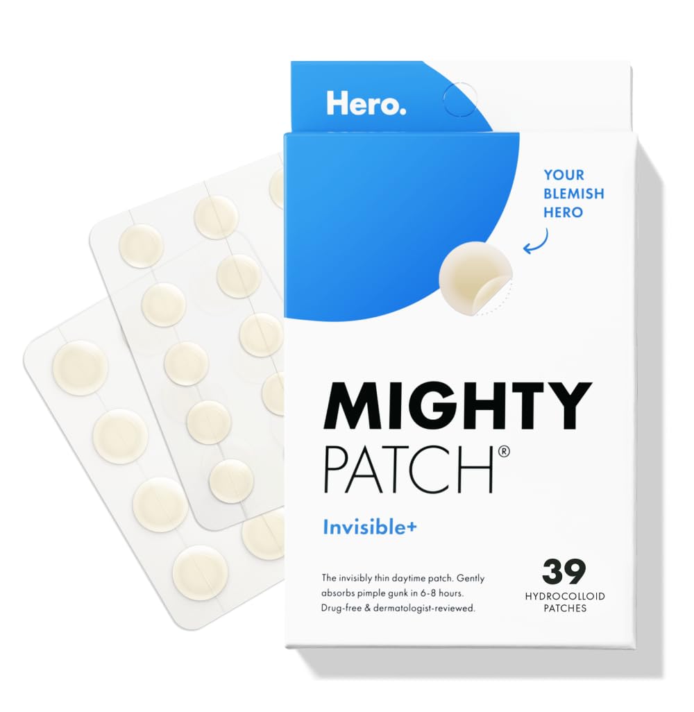 Mighty Patch Hero Cosmetics Invisible+ Patch - Daytime Hydrocolloid Acne Pimple Patches for Covering Zits and Blemishes, Ultra Thin Spot Stickers for Face and Skin (24 Medium and 15 Small Patches)