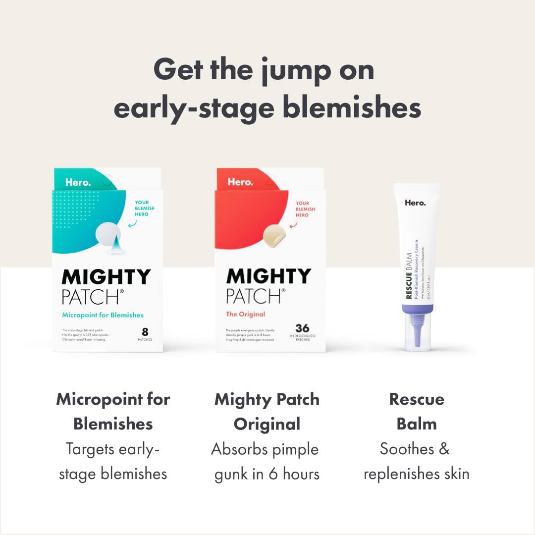 Mighty Patch Micropoint™ for Blemishes from Hero Cosmetics - Hydrocolloid Acne Spot Treatment Patch for Early Stage Zits and Hidden Pimples, 395 Micropoints (8 Patches)