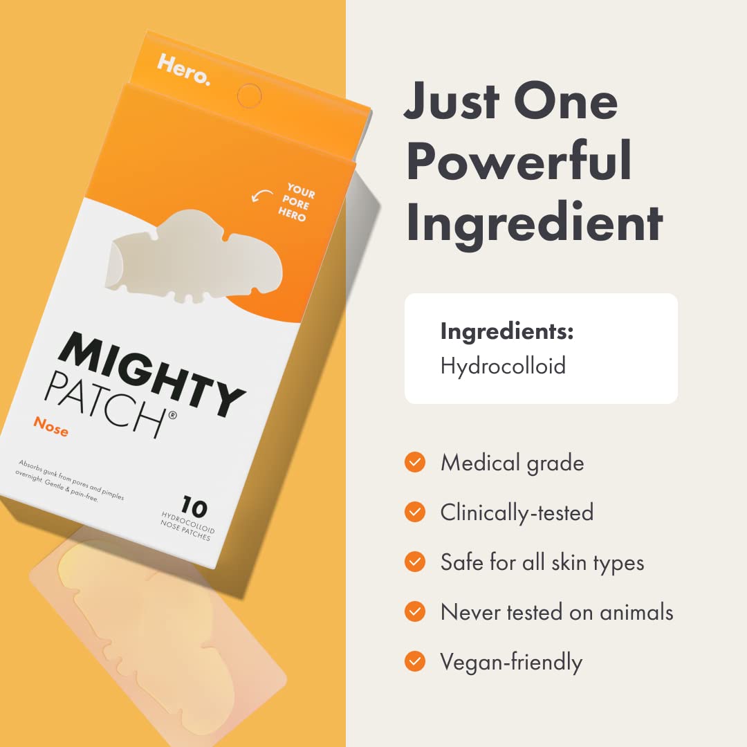 Mighty Patches for nose pores from Hero Cosmetics - XL Hydrocolloid Pimples, Zits and Oil - Dermatologist-Approved Overnight pore Strips to Absorb Acne nose Gunk (10 Count)