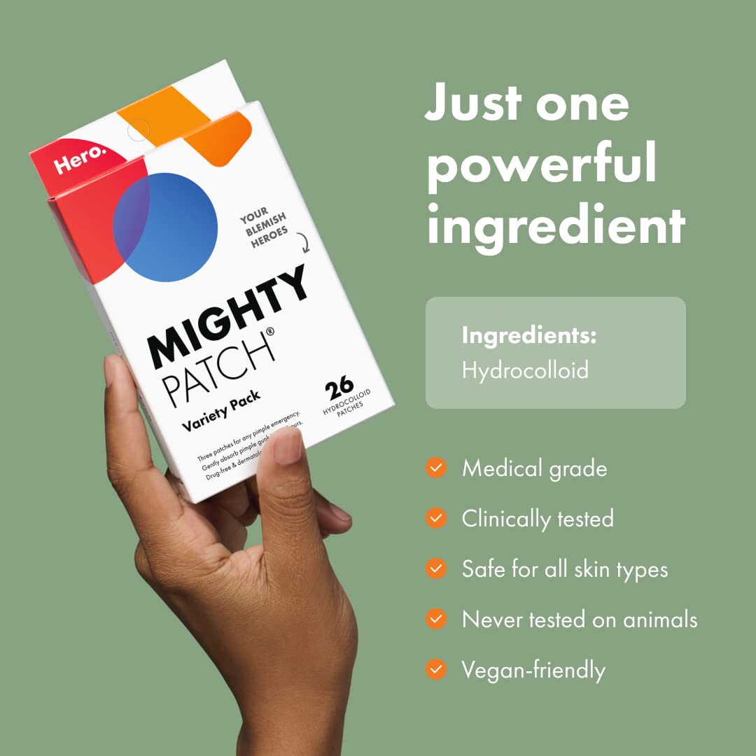 Mighty Patch™ Variety Pack from Hero Cosmetics - Hydrocolloid Acne Pimple Patches for Covering Zits and Blemishes, Spot Stickers for Face and Skin, Korean Skin Care, 26 ct