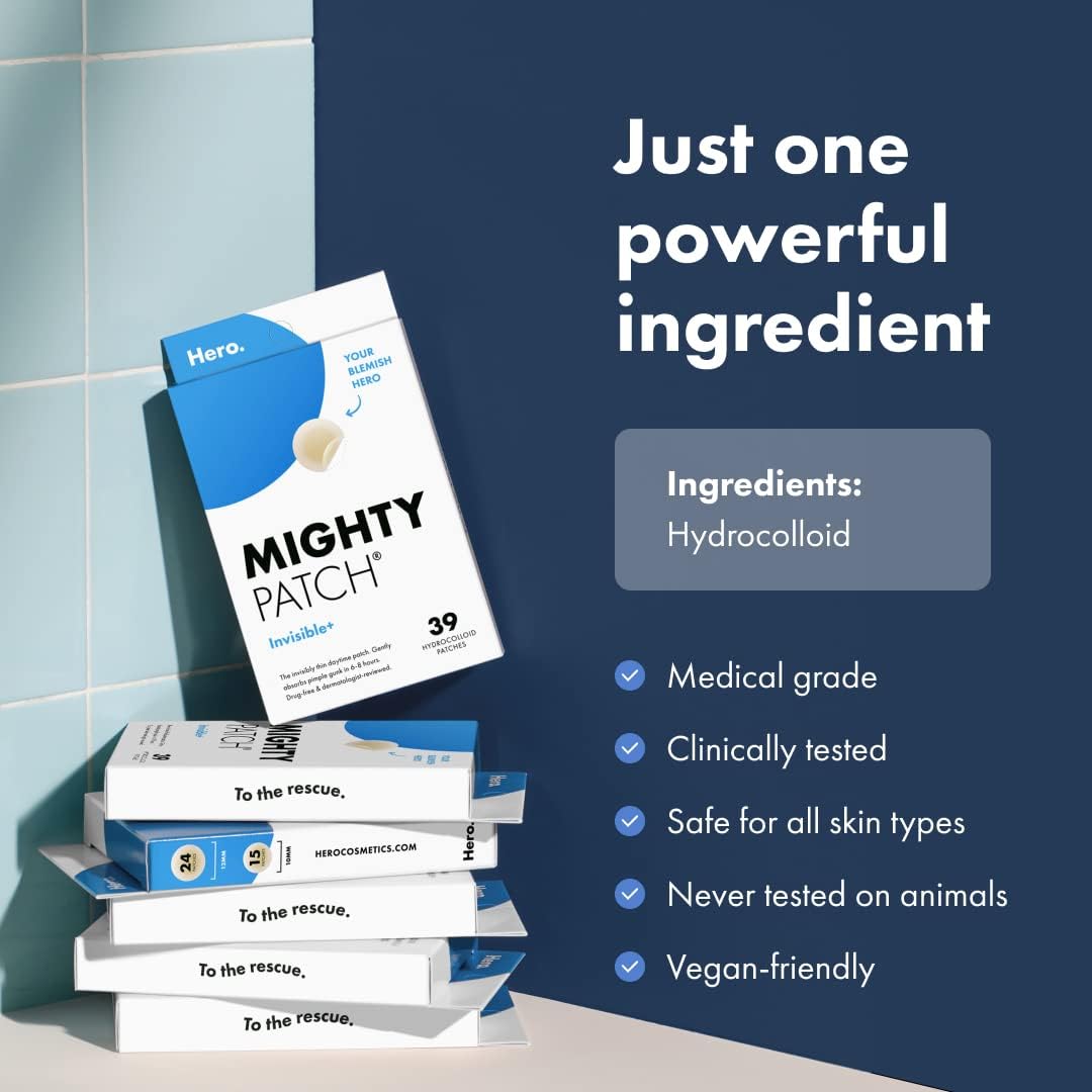 Mighty Patch Hero Cosmetics Invisible+ Patch - Daytime Hydrocolloid Acne Pimple Patches for Covering Zits and Blemishes, Ultra Thin Spot Stickers for Face and Skin (24 Medium and 15 Small Patches)