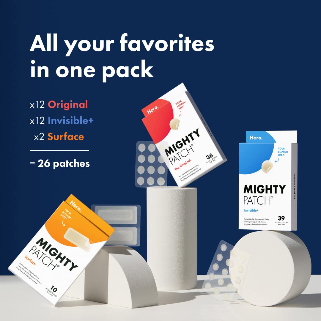 Mighty Patch™ Variety Pack from Hero Cosmetics - Hydrocolloid Acne Pimple Patches for Covering Zits and Blemishes, Spot Stickers for Face and Skin, Korean Skin Care, 26 ct