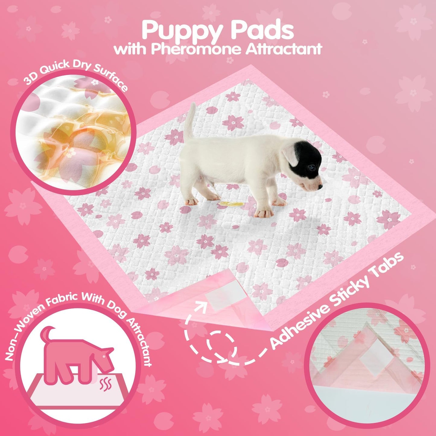 Puppy Pads, 23"x 23" Dog Pee Pad with Adhesive Tabs for Potty Training, Ultra Thick Leak-Proof Quiky-Dry Pink Puppy Essentials (Pink, 23x23in 50Ct)