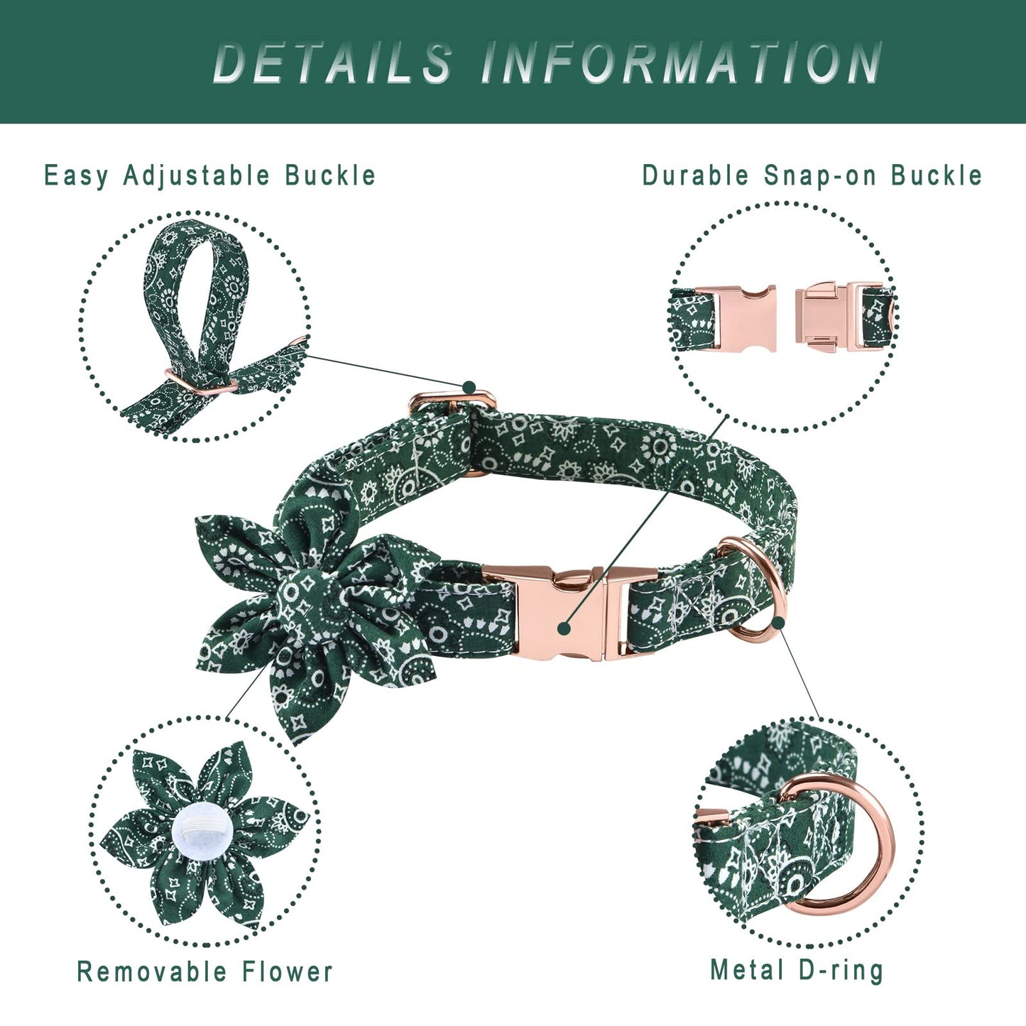 Dog Collar with Flower, Cute Floral Dog Collar for Small Medium Large Girl Female Puppy Pet with Adjustable Safety Metal Buckle and D Ring