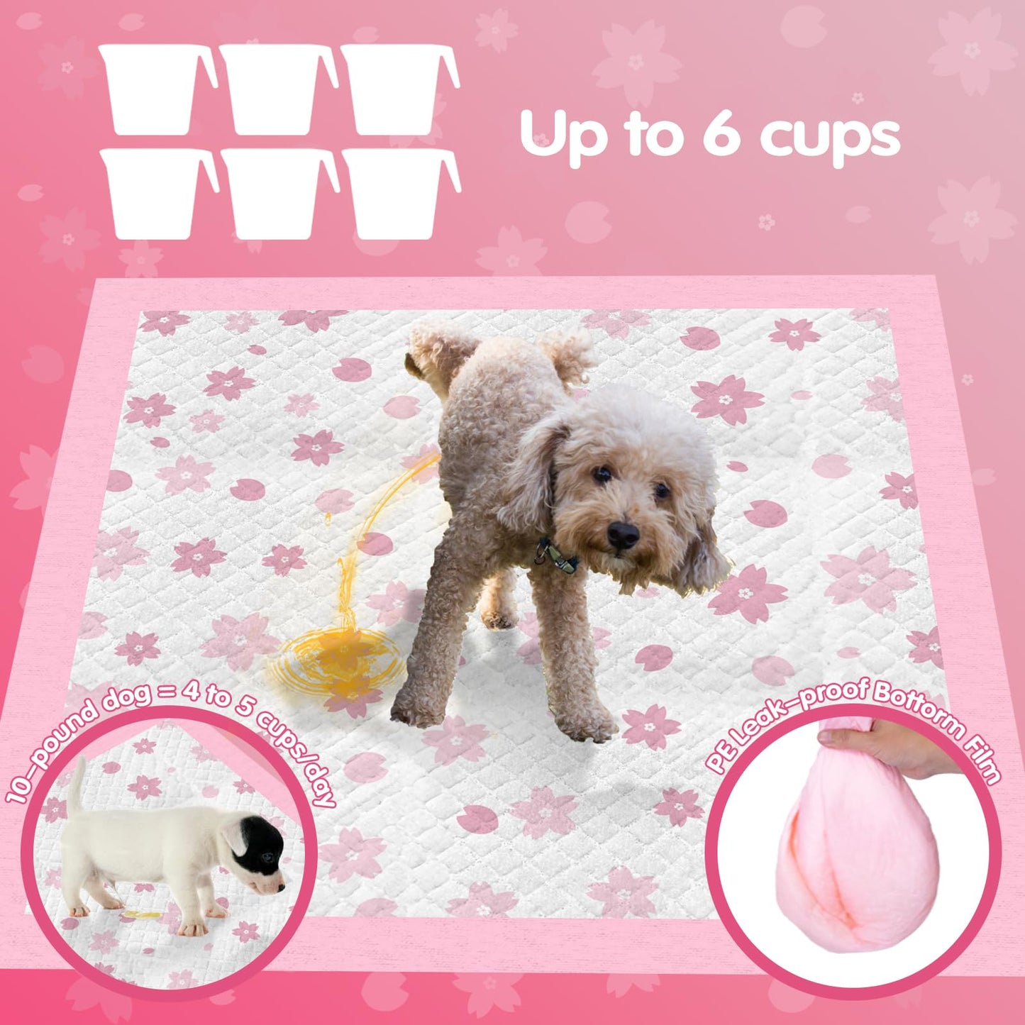 Puppy Pads, 23"x 23" Dog Pee Pad with Adhesive Tabs for Potty Training, Ultra Thick Leak-Proof Quiky-Dry Pink Puppy Essentials (Pink, 23x23in 50Ct)