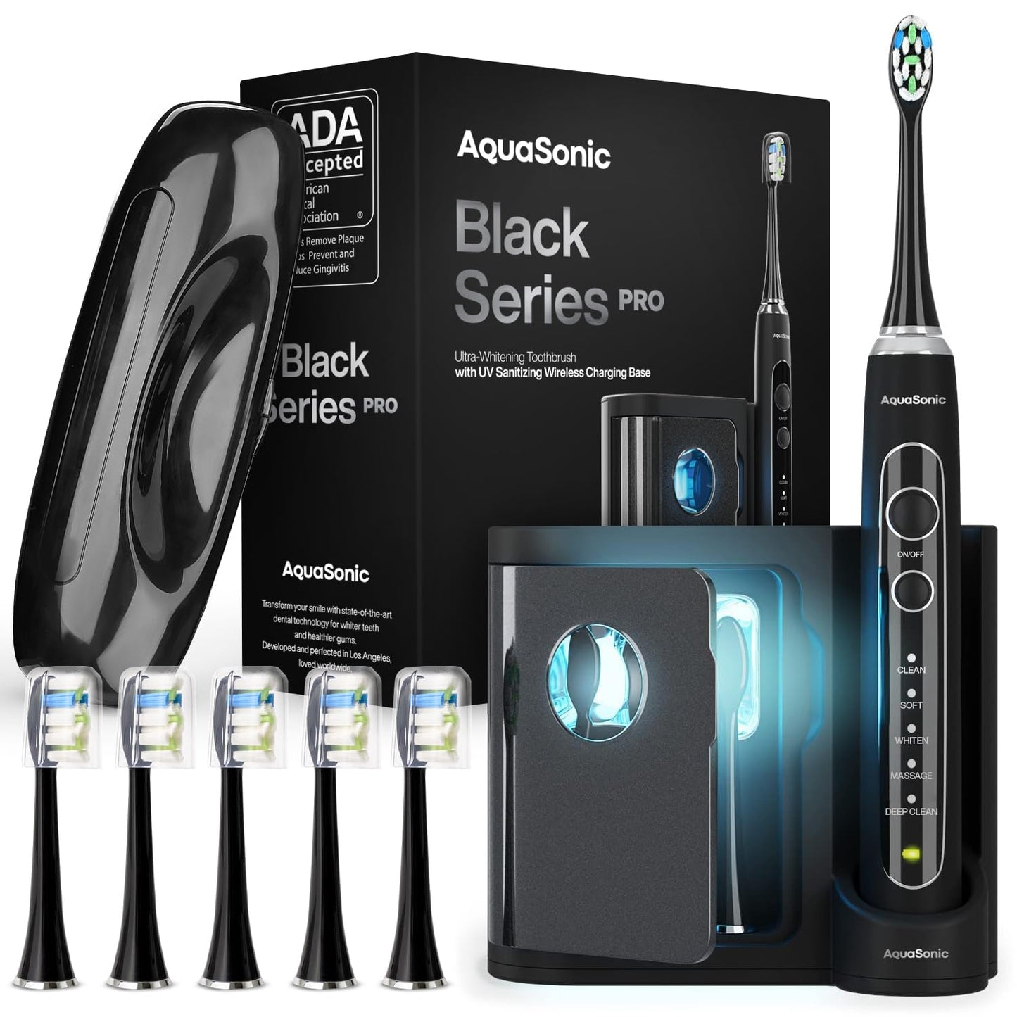 Aquasonic Black Series PRO – Ultra-Whitening Electric Toothbrush – 5 Modes & Smart Timers – Premium Travel Case & 6 Proflex Brush Heads – ADA Accepted Toothbrush