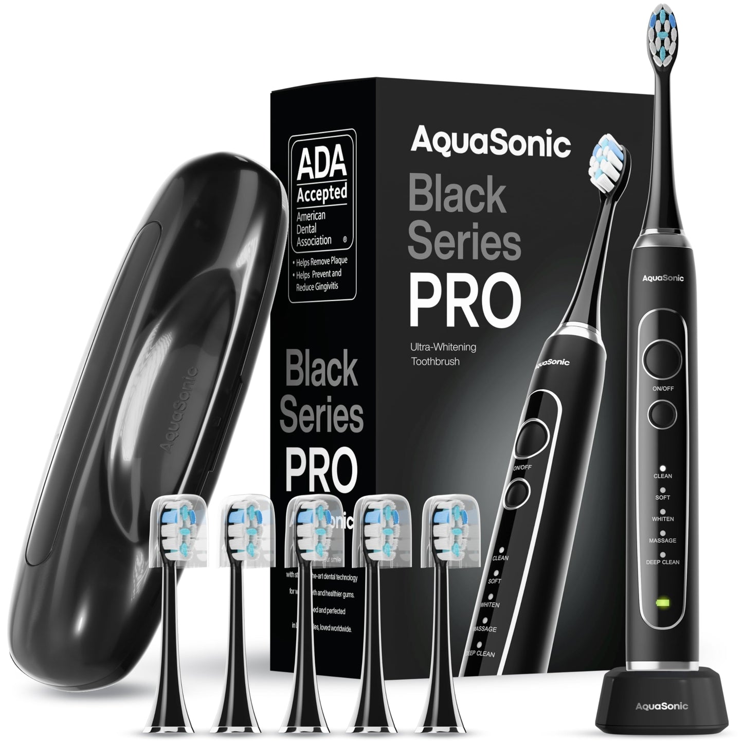 Aquasonic Black Series PRO – Ultra-Whitening Electric Toothbrush – 5 Modes & Smart Timers – Premium Travel Case & 6 Proflex Brush Heads – ADA Accepted Toothbrush